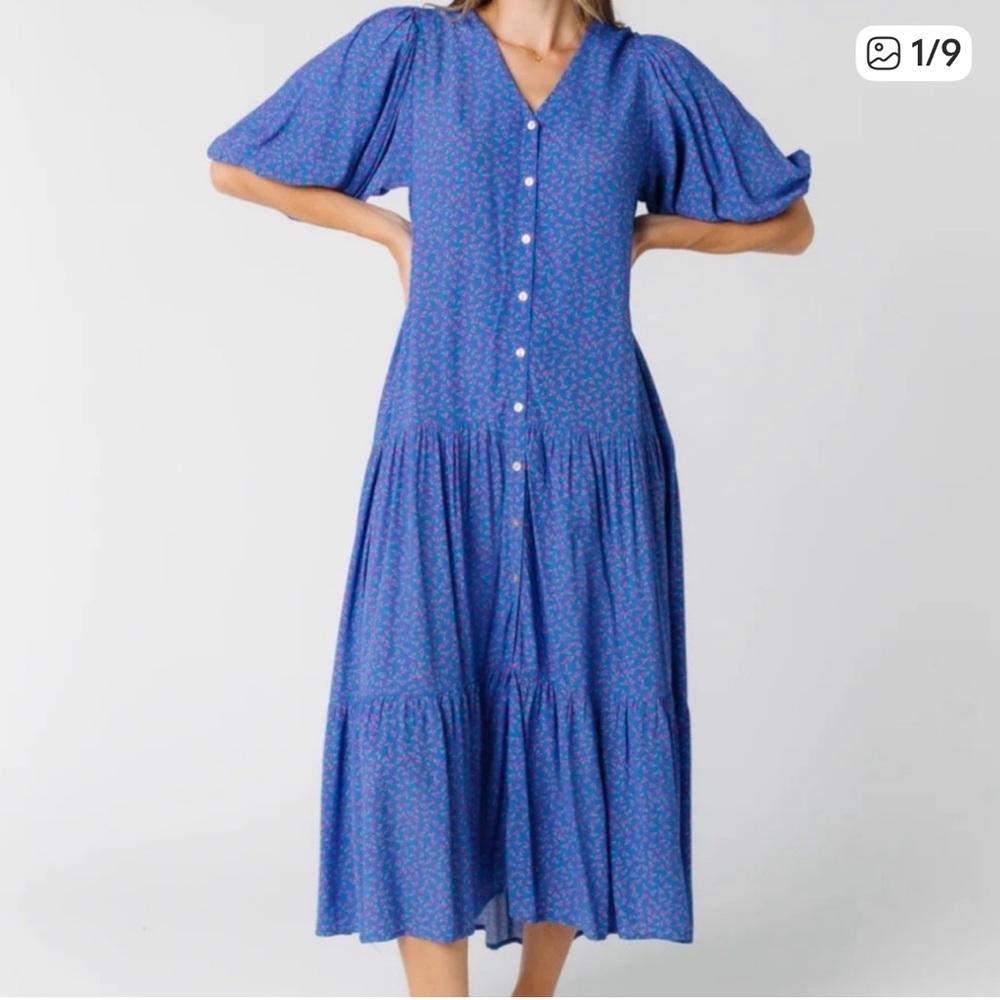 Brass & Roe "Cherry Days" Tiered Button Front Puff Sleeve Midi Dress Size XXXL